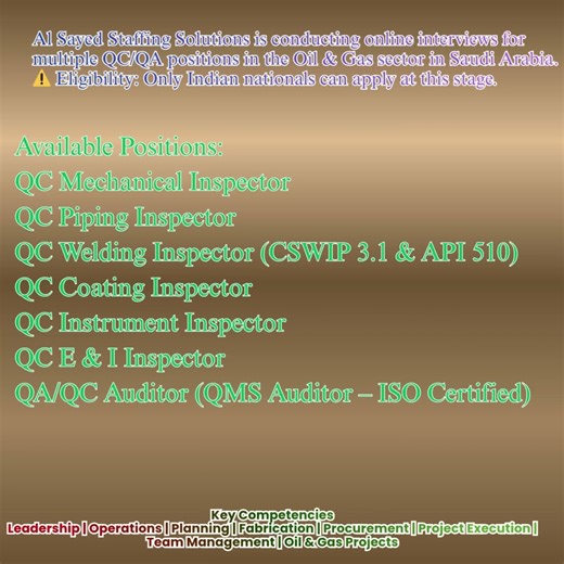 Engineers Required in multiple QC/QA positions in the Oil & Gas sector in Saudi Arabia. #gulfjobs