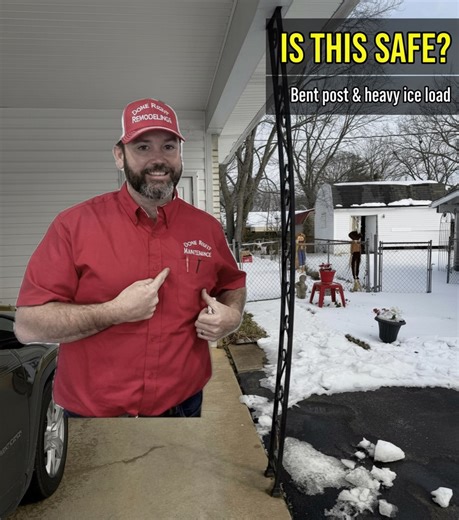 We went out and took a hands-on look at this porch after concerns about snow and ice weight. What we found wasn’t just ice load — the post has shifted out of alignment from the concrete, which makes it far more vulnerable when extra weight is added. Next steps: ✔️ If conditions allow, we’ll make the permanent repair tomorrow ✔️ If the ice load is too heavy to safely lift, the structure will be temporarily supported until thaw ✔️ Then we’ll return to reset, straighten, and properly support the po