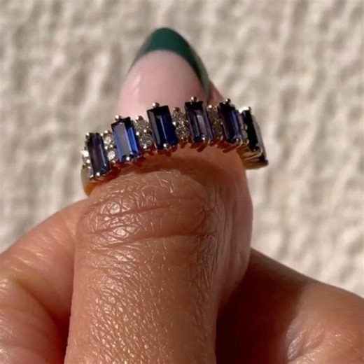 Blue Baguette Sapphire Diamond Ring, Gold Half Eternity Band, Vintage Inspired Wedding Stackable - Etsy