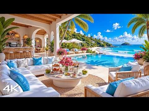 Beach Villa Ambience with Happy Bossa Nova Jazz Music & Calming Ocean Waves for Relax, Work, Study