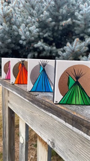 Nokomi Jones on Instagram: "These mini paintings have stolen my heart! I've done a few teepees in the past, but these are special. Small paintings are my new jam - more art for everyone! There will be plenty more where these come from, so buckle up for 2026!!! 😆🤩😆 #teepee #nativeart #allthecolors #goldleaf #minipaintings"