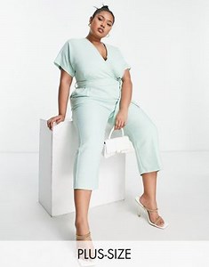 Closet London Plus wrap waist tie kimono sleeve jumpsuit in sage | ASOS