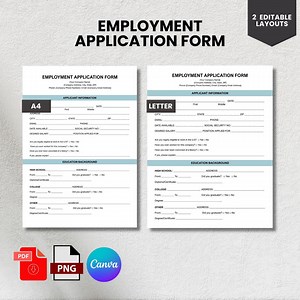 Employment Application Form Template | Editable Job Application | Printable Hiring Form | Canva PDF PNG | A4 & US Letter - Etsy Australia