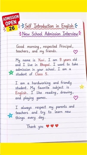 🌟 Self Introduction in English | New School Admission Interview | Class 1 to 8 🌟#shorts #viralshort