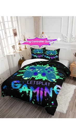 The gaming controller pattern quilt Bedding Set includes cotton filling, comes with 1 quilt and 1 or 2 pillowcases without cores, suitable for home or dorm decoration, and is a perfect holiday gift #comforterset #game #WF #beddingset #pillow