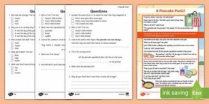 KS1 A Pancake Panic Story Reading Comprehension Activity