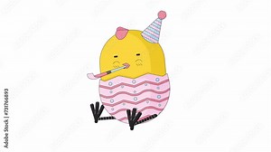 Party blowing cute baby chicken in birthday hat line 2D character animation. Funny bird flat color cartoon 4K video, alpha channel. Whistle noisemaker small chick animated bird on white background Stock Video