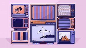 Vintage tv stack lo fi animated cartoon background. Old television set with static screens 90s retro lofi aesthetic live wallpaper animation. Retro tv pile color chill scene 4K video motion graphic