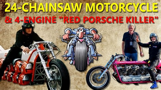 Motorcycle built from 24 chainsaws vs. a 4-engine Porsche killer