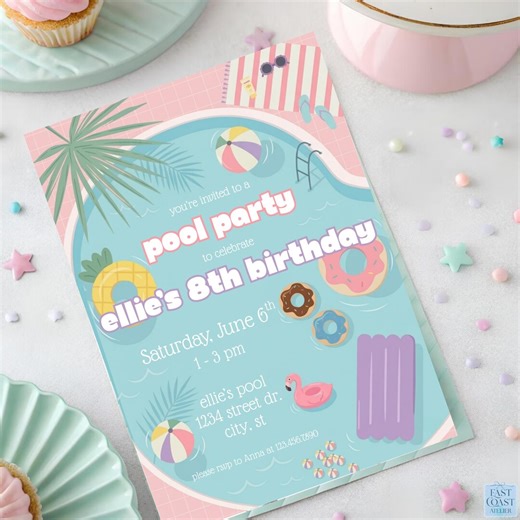 Pool Party Birthday Invitation Template | Kids Swim Party | Girls Summer Celebration Invite - Etsy