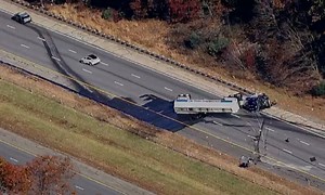 Dashcam video shows moment of crash on Route 3 in Billerica that sent tanker truck onto its side, spilling fuel