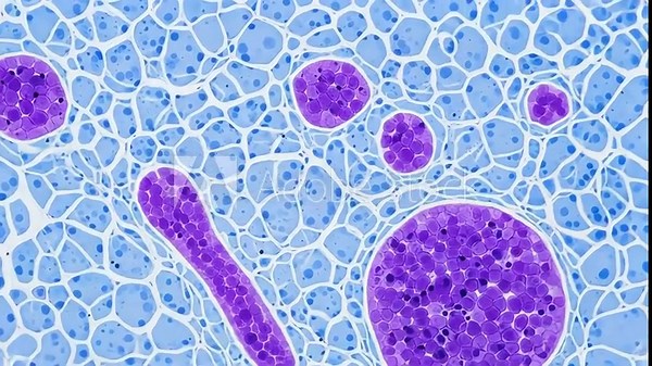 Microscopic view of muscle tissue showing cellular structures and components in a cross section for medical research