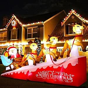 13.5 FT Large Christmas Yard Inflatables Outdoor, Blow Up Santa Claus on Sleigh with 3 Reindeers, Lighted Holiday Inflatables Decoration for Xmas Party, Garden, Lawn, New Year