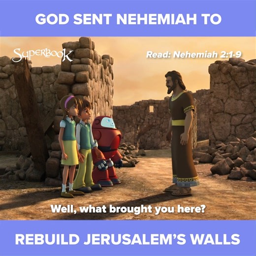 God appointed Nehemiah to rebuild the walls of Jerusalem. Nehemiah’s compassion for the Israelites led to their restoration and blessing.🙇🏽‍♂️ You can be a blessing too by showing love and compassion to those people who need it. . . . . . SUPERBOOK Bringing Bible Stories and Jesus' love to kids everywhere Series App Academy Outreach | Superbook