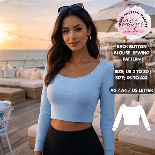 Back Button Blouse Sewing Pattern, Fitted Long Sleeve Crop Top (digital Download) - Etsy