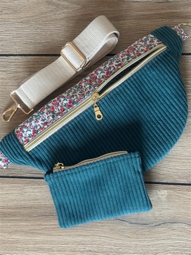 Handmade petrol blue corduroy fanny pack.
