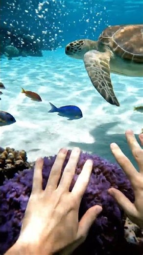🌊 Crystal-Clear Touch: Turtle Meets Hand Underwater 🐢