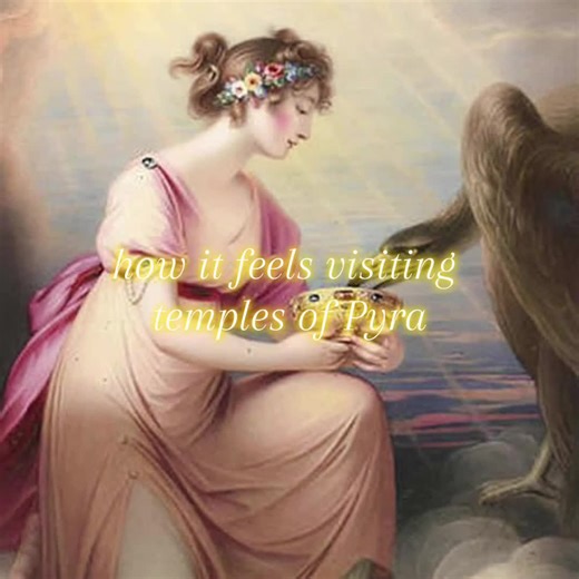 Pyra, goddess of childhood, youth, innocence, and play. Her temples are said to feel like stepping back into childhood. #fictionalcountry #fictionalcountrytok #fictionalnation #fictionalgods #mythology