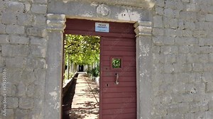 Stepping through the open door into a sun-drenched vineyard garden on a beautiful day at the Elafiti Islands, Croatia, evokes the concept of serenity, natural beauty, and leisurely exploration.