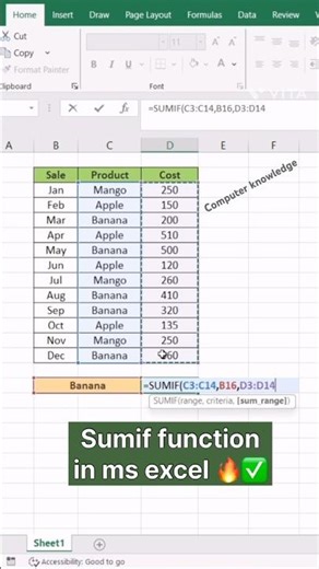 Sumif function in ms excel 🔥✅ #excel #exceltutorial #exceltips #exceltricks #youtube #algorithm