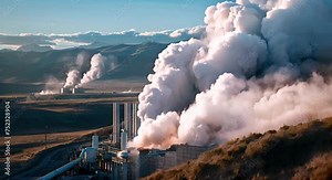 Geothermal power plants extracting heat from Earth's crust, with steam rising from deep wells against a backdrop of volcanic terrain