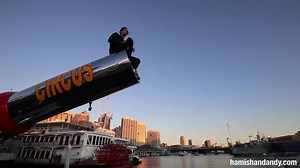 Yesterday, we didn’t just launch our radio show, we launched Andy from a human cannon! | Hamish & Andy