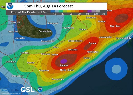 An upper level disturbancee will enhance the shower and thunderstorm activity across the area today, Thursday Aug 14. There is a high probability that a large portion of northeast South Carolina and southeast North Carolina will receive greater than 1 inch of rainfall in an hour. Remain vigilant for any alerts for storms or localized flooding in your area. #ilmwx #scwx #ncwx | US National Weather Service Wilmington NC