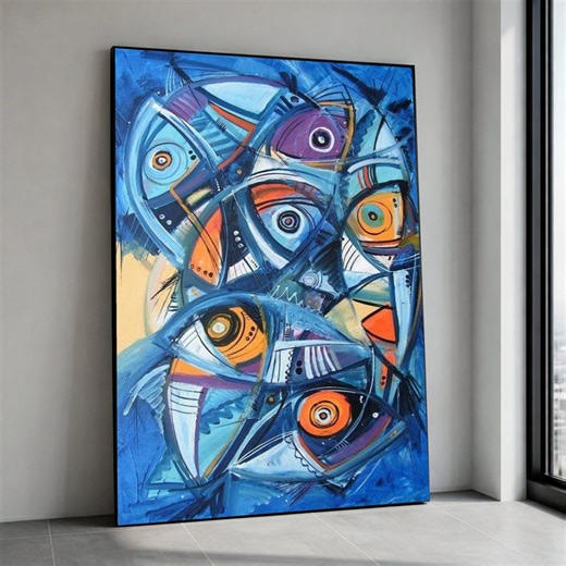 Abstract Fish Canvas Art, Modern Blue Ocean Life Painting, Geometric Marine Decor Print - Etsy