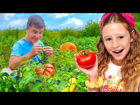 नस्त्या और पापा माँ के लिए खेत से सब्जियाँ और स्ट्रॉबेरी चुन रहे हैं - संकलन 1 घंटा