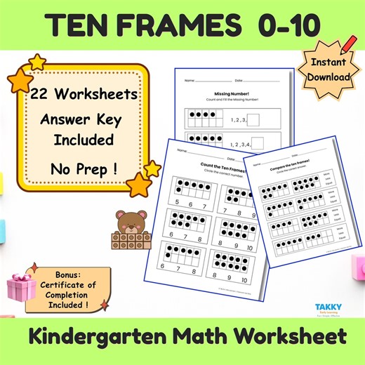 Ten Frames Worksheets Kindergarten | Counting to 10 Activities | Make 10 | Preschool Math Printable | No Prep PDF - Etsy