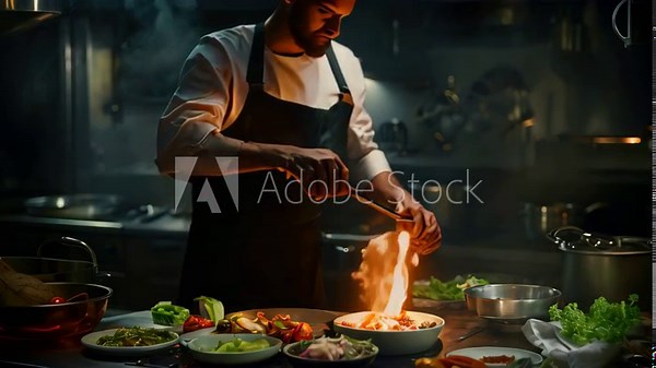 A skilled culinary professional in a chefs uniform prepares delicious food in a busy kitchen, Professional male chef in a kitchen making an elaborated dish, AI Generated