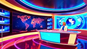 A news anchor sits at a desk in a brightly lit studio with a world map and other screens behind her.