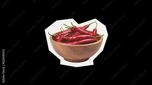 Chili, wooden bowl, collage animation, cut out crumpled paper, montage motion Graphics