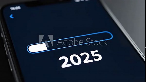 Smartphone Loading Screen 2025 - Close-up shot of a smartphone screen displaying a progress bar and the year 2025.