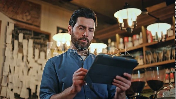 Focused bearded waiter tapping with stylus on digital tablet screen while standing at retro style bar. Caucasian handsome male wearing blue shirt recording client order using modern gadgets.