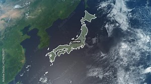 Japan map, zooming in from the space through a 4K photo real animated globe, with a panoramic view consisting of Asia, Africa and Eurasia. Epic spinning world animation, Realistic planet earth
