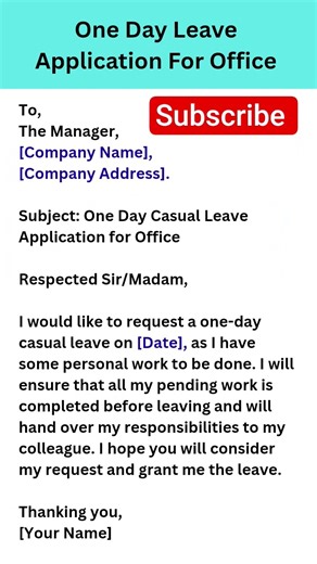 One Day Leave Application For Office | #bsir | #shorts