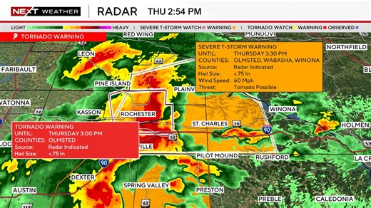 ⚠️ NEXT Weather Alert: Severe T-Storm Warning for Olmsted, Wabasha, Winona county until 6/26 3:30PM. This storm is capable of producing quarter-size hail (or larger), wind gusts to 60 mph or greater, and possibly a tornado. Take shelter inside, in an interior room on the lowest floor of a sturdy building, and stay away from windows until the storm passes. More: wcco.com/weather | WCCO & CBS News Minnesota