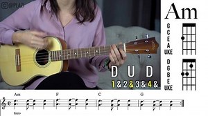 All of Me by John Legend only uses the chords Am, F, C, G and Dm. Those are all pretty easy chords, so today’s focus is on mastering the syncopated rhythm/strumming pattern. The chord charts on the right-hand side show the chords for GCEA ukuleles and baritone ukuleles. Special thanks to Lanikai Ukulele for sending this spruce ukulele for our community learn how to play bari uke. It’s exciting to see so many people start to jump on the bari train! Baritone ukulele has strings DGBE, which is the 