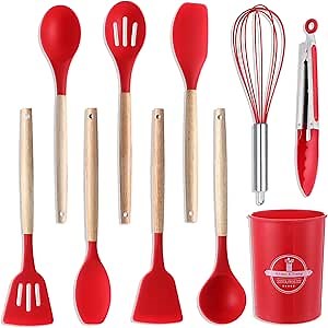 Pickmesh Christmas Gift Kitchen Utensils Set Xmas Cooking and Baking Gifts Set Include Christmas Chef Apron Oven Glove Red Kitchen Utensils Set Gift Bag Greeting Card Christmas Kitchenware Supplies