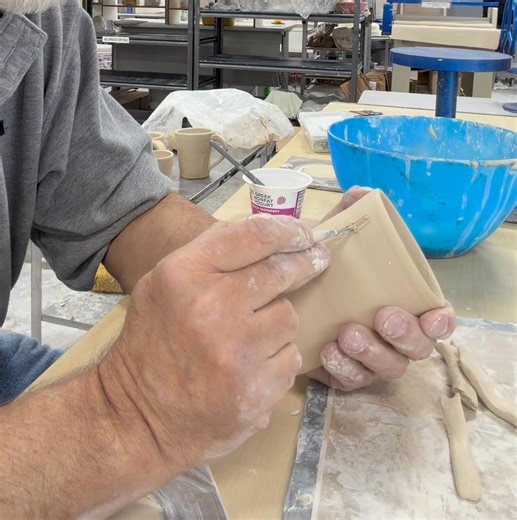 Applying handles to mugs. Come see thre finished product at our holiday sale. Friday Nov. 21 4-7 pm Saturday Nov. 22 10am-7pm, Sunday Nov. 23 10am-4pm. At the Village Arts Factory, 50755 Cherry Hill Road, Canton MI https://www.facebook.com/share/1BWZCvQiEF/?mibextid=wwXIfr | Cherry Hill Potters Guild