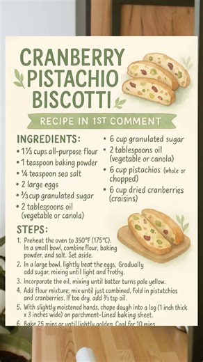 Nostalgic crunch with a festive twist—these are the cookies Grandma would’ve made for the holidays (with a little flair). 🎄 Let’s make Cranberry Pistachio Biscotti! 1️⃣ Whisk together flour, baking powder & salt. In another bowl, beat eggs and slowly add sugar until light and frothy—then mix in oil. 2️⃣ Combine dry and wet, gently fold in cranberries and pistachios (chopped or whole!). 3️⃣ Shape into a log on parchment and bake @ 350°F for 25 mins. Cool 10 mins. 4️⃣ Slice up and bake again for 