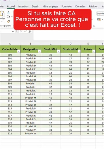 Le fichier Excel de suivi de stock qui fait pro en réunion Si tu sors ce fichier de suivi de stock en réunion, tout le monde va croire que tu as payé un logiciel pro tellement il est complet. Et le plus fou, c’est que tu peux le faire sans payer un seul centime. Le principe est simple. À gauche, tu as ton tableau d’inventaire avec les codes articles, désignations et stocks. À droite, un second tableau dédié aux entrées et sorties de stock. Les deux tableaux sont mis sous forme de tableaux struct
