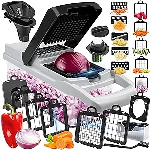 Vegetable Chopper, 10 Blades Slicer Onion Dicer, Multi 23-in-1 Veggie Mandoline Food Cutter for Tomato Fruit, Vegetable cutter with Hand Protector, Egg Separator & Slicer, Container（Black）