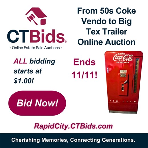Visit: https://bit.ly/4oWRaC2 Welcome to our From 50s Coke Vendo to Big Tex Trailer Online Auction on CTBids! Ends 11/11! ALL bidding starts at $1.00 with ONLY ONE RESERVE! This estate auction features a mix of vintage collectibles, quality tools, and functional equipment from a well-maintained private property. Highlights include a 1950s Coca-Cola Vendo Soda Machine (Model No. H-110-B5510K), a 2023 Big Tex 35UT-14BK single axle ATV/UTV trailer, a MightMow 2x20v self-propelled mower, and Pyrex P