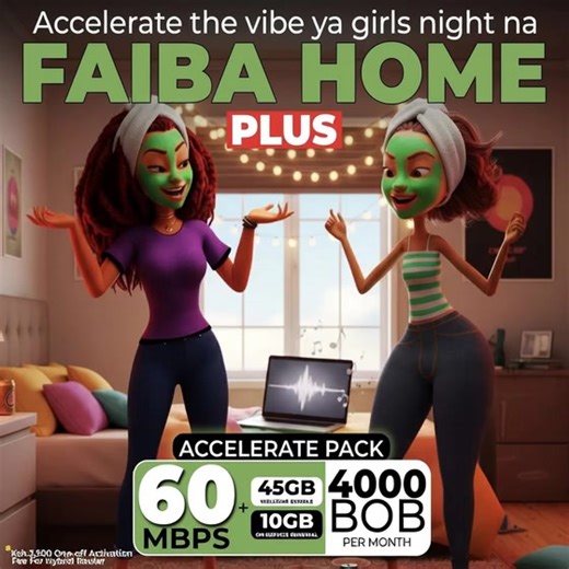 Join Faiba Home Plus! Plan Moja Safi Kabisa: ✅ Accelerate Pack: 60Mbps @ KSh 4,000 Enjoy 45GB Welcome Bundle As a New Customer & 10GB upon service renewal. Click: wa.me/254747105904 to join. #FaibaJTL #GetFaiba