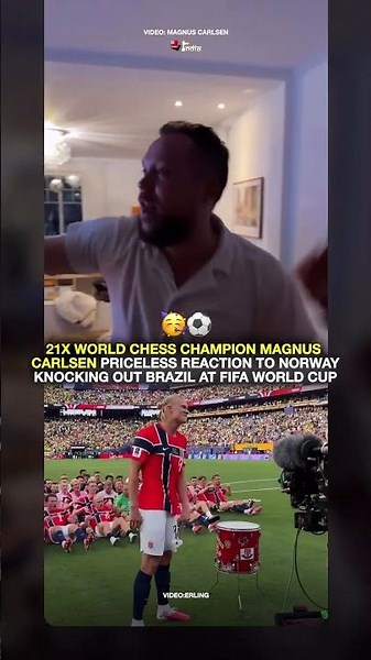 Magnus Carlsen’s Priceless reaction on Norway knocking out Brazil #fifaworldcup