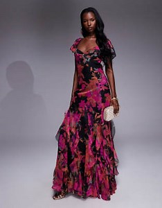 ASOS DESIGN flutter sleeve maxi dress with ruffle godets in dark floral print | ASOS