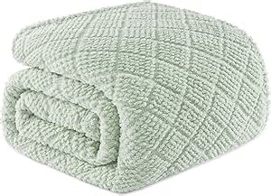 Whale Flotilla Fuzzy Fleece Queen Size Blanket for Bed, Soft Fluffy Jacquard Waffle Blankets for All Season, Lightweight and Warm, 90x90 Inch, Sage Green