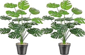 Set of 2 Fake Plants Artificial Floor Plants Large Tropical Palm Tree Tall Monstera Plant Tree in Pot Faux Plants for Indoor Outdoor Home Office Room Decor